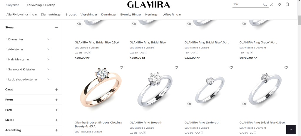 Filtrering av diamanter på Glamira