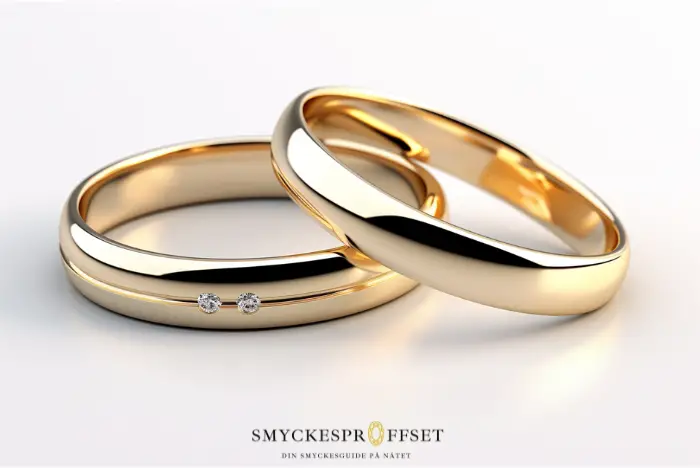 2 st Förlovningsringar i set. Både i guld varav kvinnas ring har två små diamanter.